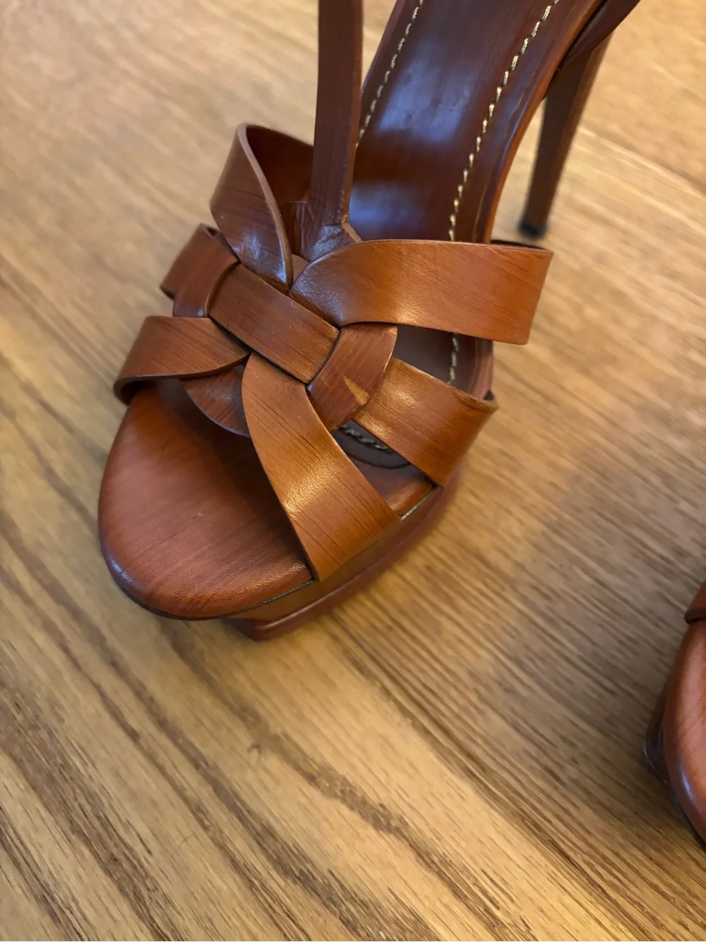 Yves Saint Laurent Tan Leather T-Strap Platform Heels